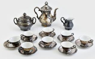 Bavaria ezüstözött porcelán mokkás készlet, 8 személyes, komplett (kiöntő, cukortartó, tejszínkiöntő, 8-8 db csésze és alj). Jelzett, kopott.