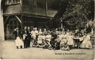1910 Budapest III. Római fürdő vendéglő (Rómaifürdő), étterem kert vendégekkel és pincérekkel. Erdélyi Lajos vendéglős kiadása