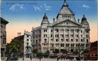 1915 Budapest VI. Deák tér, Az Anker élet és járadék biztosító társaság palotája, villamosok, Ekker P., Polacsek, Smith Premier írógépek, Rauschburg üzlete (EK)