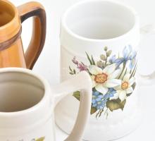 7 db söröskorsó, kőedény, fajansz, porcelán, kopásokkal, m: 13-17 cm