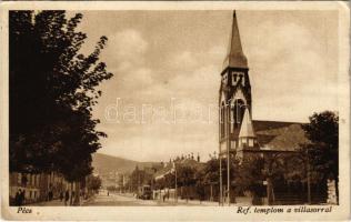 1928 Pécs, református templom, villasor, villamos (EK) + "MAGYARBOLY-BUDAPEST 31." vasúti mozgóposta