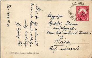1928 Pécs, református templom, villasor, villamos (EK) + "MAGYARBOLY-BUDAPEST 31." vasúti ...