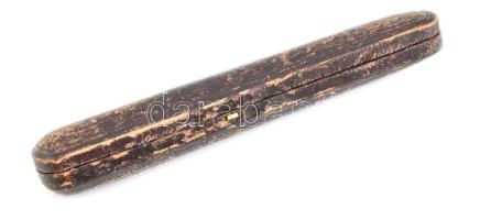 Antik ezüst berakásos szipka. Borostyán, fa. Nagy méretű, bőr tokban 13 cm