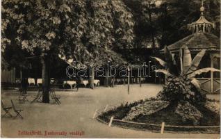 1912 Szliács, Sliac; Dankovszky vendéglő kertje, étterem. Molnár M. kiadása / restaurant garden + "ZÓLYOM-BREZÓ - ZÓLYOM 97. SZ." vasúti mozgóposta bélyegző (EK)