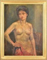 Adámi Sándor (1912 k.-1991): Női akt. Olaj, vászon. Sérült. Dekoratív fakeretben. 80x61 cm
