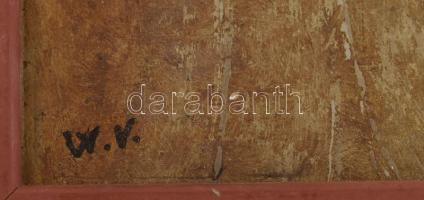 W. V. jelzéssel: Építkezés. Olaj, karton. Kissé sérült. Fakeretben. 40x50 cm