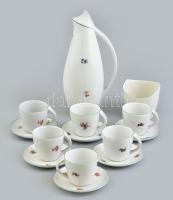 Hollóházi retró kávés, mokkás készlet, hatszemélyes (kiöntő, cukortartó, 6-6 db csésze és alj). Részben kézzel festett, jelzett, minimális kopással, a kiöntő fülén apró felületi sérülés.