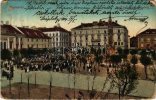 1917 Temesvár, Timisoara; Jenő herceg tér, térzene, Rukavina műemlék, Temesi Agrár takarékpénztár, Turul cipőgyár részv. társ. üzlete. Vasúti levelezőlapárusítás 3. 1915. / square, music band, monument, savings bank, shoe shops + &quot;K.u.k. Permanenter Krankenzug No. 54.&quot; (gyűrődés / crease)