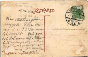 1907 Maribor, Marburg a. Drau; + "HIDAS POZSONY POSTAI ÜGYN." (Rb)