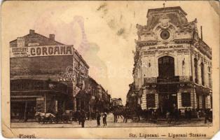 1917 Ploiesti, Ploesti, Ploesci; Strada Lipscani, Coroana Manufactura Panzarie La Lira, Banca Centrala / street, shops, bank + K.u.k. Permanenter Krankenzug No. 54. (EM)