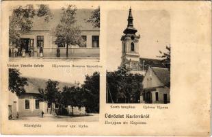 Karlova, Karlovo (Beodra, Novo Milosevo); községháza, szerb templom, Veskov Veselin üzlete. A. Weiser / town hall, Serbian church, shop (EK)
