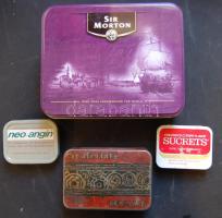 1920-as régi francia dohányos fémdoboz, mellé egy teás és 2db gyógyszeres dobozka