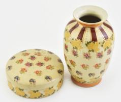 Terebess váza és bonbonier, kopott, jelzett, m: 16 cm, d: 11,5 cm