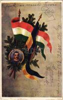 1916 Küzdelem által győzelemhez! Viribus Unitis propaganda IV. Károly arcképével, zászlók / Viribus Unitis propaganda with flags and Charles I of Austria. O.K.W. 4017. (EK)