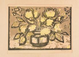 Bordás Ferenc (1911-1982): Sárga virágok. Linómetszet, papír, jelzett, paszpartuban. 27x38 cm