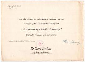 1955. Az egészségügy kiváló dolgozója névre szóló adományozói okirat Egészségügyi Miniszter bélyegzővel T:2 kis szakadások