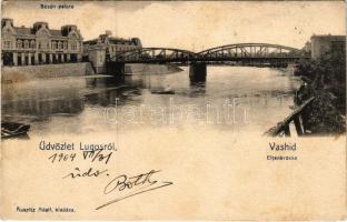 1904 Lugos, Lugoj; Vashíd, Bésán palota, Délmagyarországi Bank. Auspitz Adolf kiadása / Eisenbrücke / bridge, palace, bank (EK)