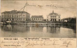 1905 Lugos, Lugoj; Kön. Obergymnasium, Stadttheater / Főgimnázium, Színház. Koloman Nemes kiadása / grammar school, theatre (fl)