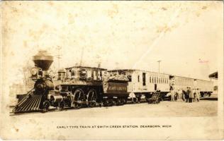 Dearborn (Michigan), early type train at Smith Creek Station, locomotive / Sam Hill Atlantic & Gulf R.R. amerikai gőzmozdony (fa)
