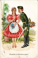 1942 Huszár a tűzvonalban! / WWII Hungarian military humour art postcard, hussar flirting with lady (szakadás / tear)