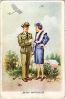 1942 Légügyi tanácskozás / WWII Hungarian military humour art postcard, pilot flirting with lady s: Pammer (kopott sarkak / worn corners)