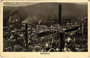 Resica, Resita; látkép, katonai hősök temető, gyár. Otto Schwarz kiadása / general view, military heroes cemetery, factory (Rb)