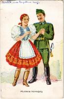 1942 Huszár támadás / WWII Hungarian military humour art postcard, hussar flirting with lady s: Pammer (szakadások / tears)