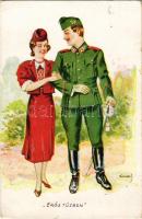 1942 Erős tűzben / WWII Hungarian military humour art postcard, hussar flirting with lady s: Pammer (EK)