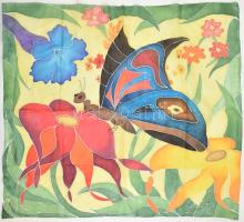 Kézzel festett selyem sál, pillangós, 90x90 cm