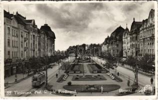 1938 Temesvár, Timisoara; Bul. Regele Ferdinand / Ferdinánd király útja, villamos, üzletek / street view, tram, shops (EK)