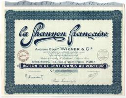 Franciaország / Párizs 1929. La Shannon Francaise B részvénye 100Fr-ról szelvényekkel T:II  France / Paris 1929. La Shannon Francaise B share about 100 Francs with coupons C:XF