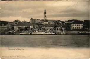 Belgrade, Belgrád, Beograd; general view with steamship and Hotel Kragujewac (b)