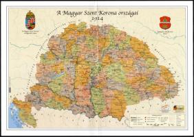 A Magyar Szent Korona országai 1914-ben, hátoldalán a történelmi megyecímerekkel, középen hajtott, 42x29,5 cm