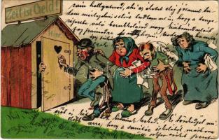 1913 Zeit ist Geld! Humoros képeslap hasmenéssel küszködő emberekkel / Humour with people suffering from diarrhoea. litho (kis szakadás / small tear)