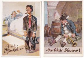 4 db régi német humoros képeslap részeg férfiakkal / 4 pre-1945 German humorous postcards with drunk men (Münchener Bildkunstverlag August Lengauer)