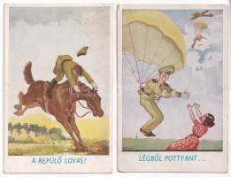 4 db RÉGI magyar katonai humoros képeslap, Bernáth és Kluka szignóval / 4 pre-1945 Hungarian military humour postcards