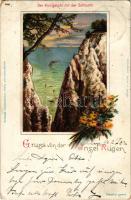1901 Rügen, Gruss von der Insel Rügen. Der Königstuhl mit der Schlucht. Kunstanstalt Paul Finkenrath Art Nouveau, floral, litho (EM)