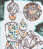 Balczó Edit: Anya gyermekével, csacsival. Kerámia faplasztika, jelzés nélkül, 27,5x16 cm, kis kopáso...