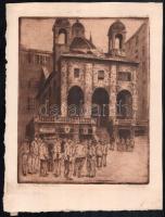 Conrád Gyula (1877-1959): Genova, Piazza dei Bianchi. Rézkarc, papír, jelzett. 29,5x23,5 cm