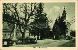 1929 Balf (Sopron), Fürdő részlet, automobil, templom. Lobenwein Harald fotóműterme (EK)