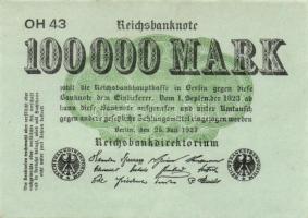 Német Birodalom / Weimari Köztársaság 1923. 100.000M (2x) Hakensterne vízjellel T:I-