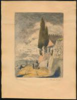 Bajor Ágost (1892-1958): Taormina. Színezett rézkarc, papír, jelzett, foltos, 17×13 cm