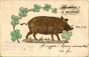 1902 Boldog új évet! Dombornyomott malac és lóhere / New Year greeting, embossed pig and clovers (EB)