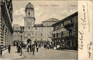 1906 Fiume, Rijeka; Torre civica, M. Weiss, Battiste, Farmacia / Stadtthurm / clock tower, pharmacy, shops. Divald Károly 1084. (EK)