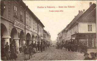 Vukovar, Franje Josipa ulica / Ferenc József utca, Eduard Bier és Fia üzlete. L. H. Freund kiadása / street view, shop of Eduard Bier and son (EB)