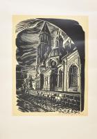Stanislaw Raczynski (1890-1955): Krakkó, waweli székesegyház (Kraków, Wawel Cathedral). Linómetszet, papír, jelzett, feltekerve, 21x16 cm (lapméret: 39,5x29,5 cm)