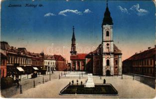 1916 Losonc, Lucenec; Kubinyi tér, templom, üzletek / square, shops, church (szakadás / tear)