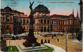 1916 Wien, Vienna, Bécs; K. k. Universität und Liebenberg-Denkmal / university, monument, tram (tear)