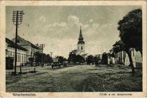 1930 Biharkeresztes, Fő tér, református templom, autó (EK)