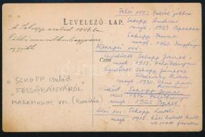 1906 Felsőbánya, a Schopp család tagjai, hátoldalon részletesen feliratozva, 9×14 cm